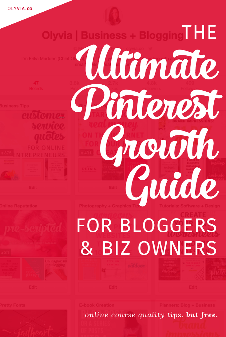 The ultimate in Pinterest tips! How to get followers on Pinterest (and drive traffic back to your website) if you are a blogger, business owner, or entrepreneur. Learn how to get more re-pins, what makes people follow you, and get 15+ real-life examples. Read + bookmark it at http://olyvia.co/how-to-get-pinterest-followers-and-repins/. This is like an e-course on growing your Pinterest account, but totally free!