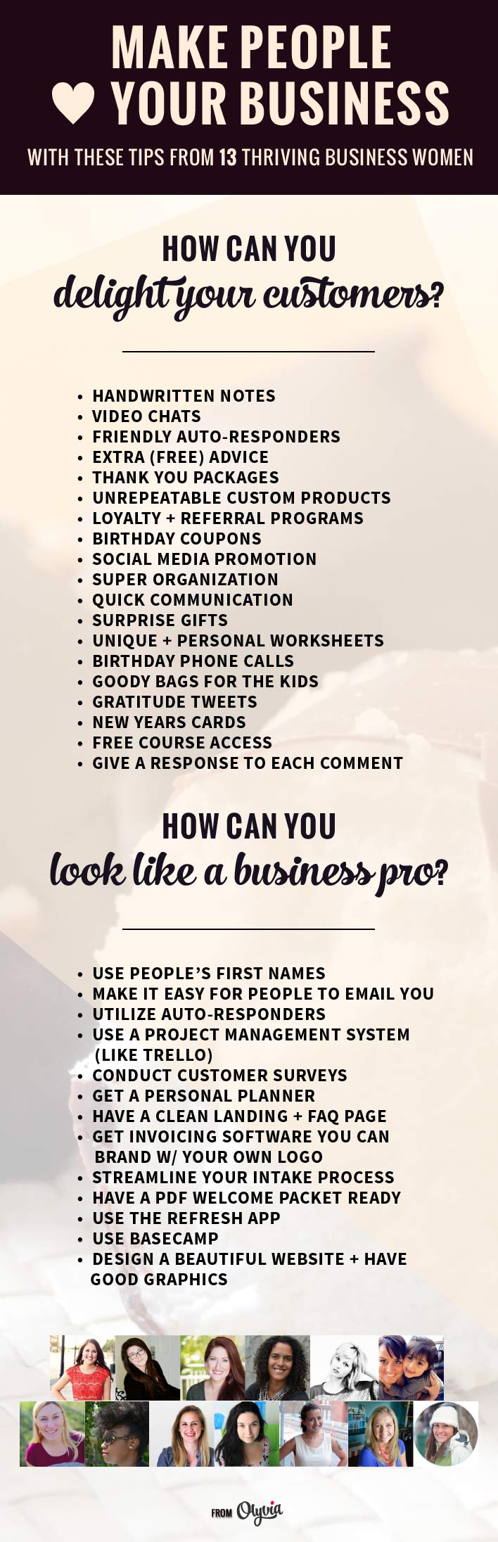 How To Delight Your Customers and Clients | 13 of today's thriving business women share their best tips on how you can look like a pro and make people love your business!