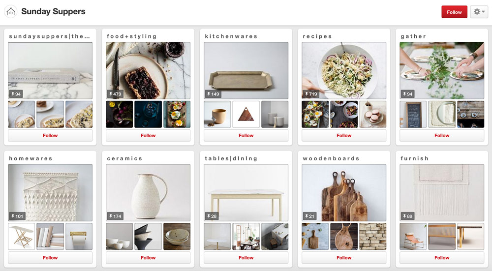 Sunday Suppers has a consistent design aesthetic on Pinterest