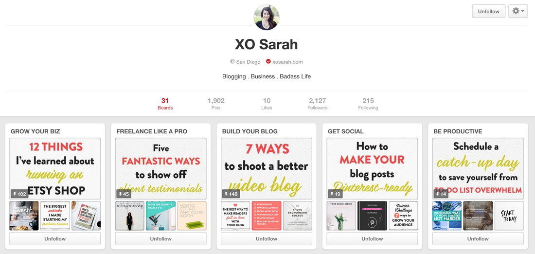 XOSarah has eye-catching board covers on Pinterest